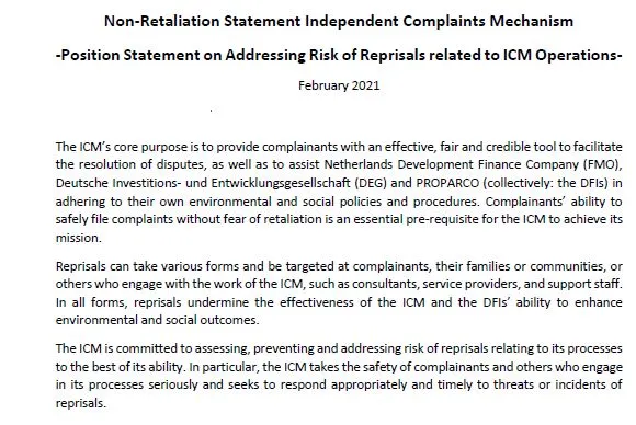 Non-Retaliation Statement Independent Complaints Mechanism